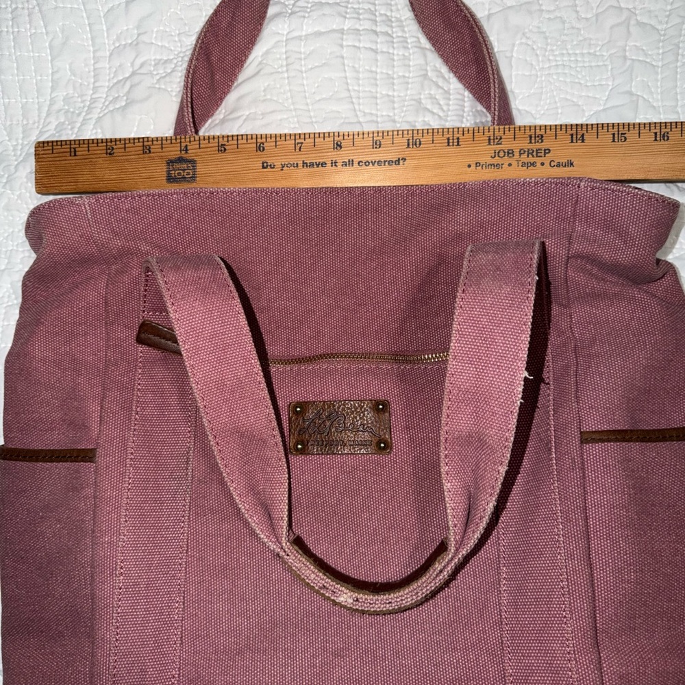 L.L. Bean Tote Canvas Bag Pink with Leather Bottom And Handles Rare Vintage - Picture 14 of 16